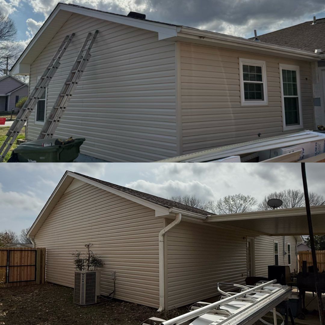 Two exterior views of a beige house with a white roof overhang and a ladder leaning against the side.