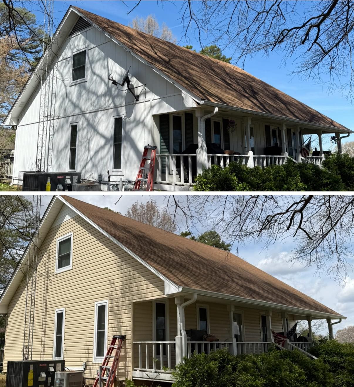 Before-and-after view of a white house being painted beige, with ladders and porch scaffolding.