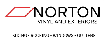 Norton Vinyl and Exteriors logo with red roof icon and services: siding, roofing, windows, gutters