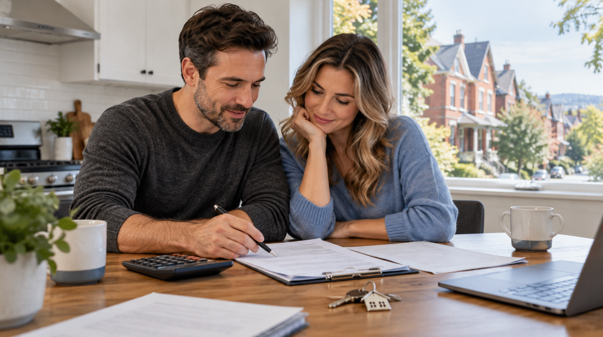 Two homebuyers reviewing closing paperwork beside a calculator and house keys.