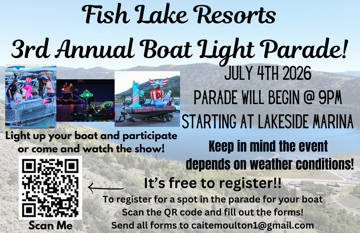 Fish Lake Resorts 3rd Annual Boat Light Parade poster, July 4th 2026, parade at Lakeside Marina. Click to register.