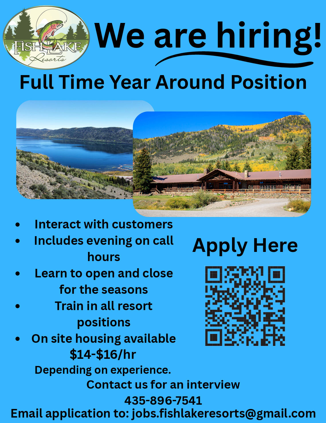 We are hiring flyer Hiring flyer for year-round full-time position, with lake photos, benefits list, QR code, and contact info.