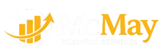 Yellow May logo with upward bar chart and rising arrow on a white background