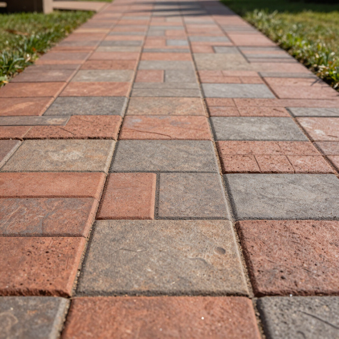 Brick and gray paver walkway stretching into the distance, bordered by grass on both sides