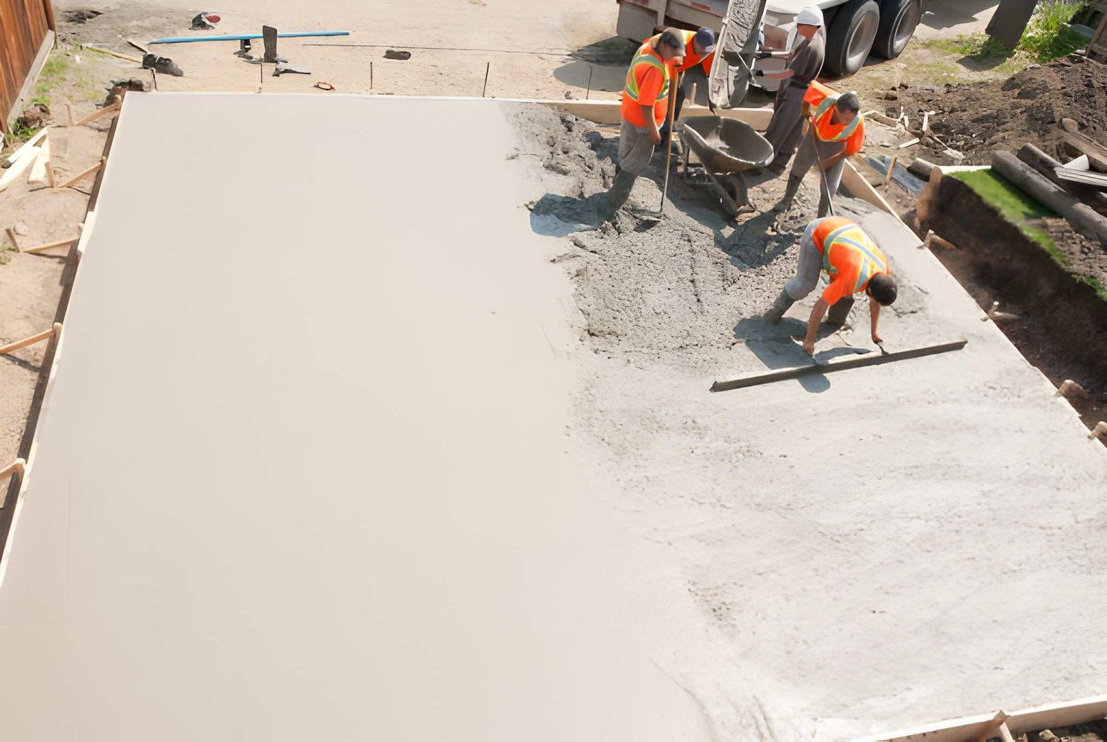 Workers smoothing wet concrete on a large slab at a construction site