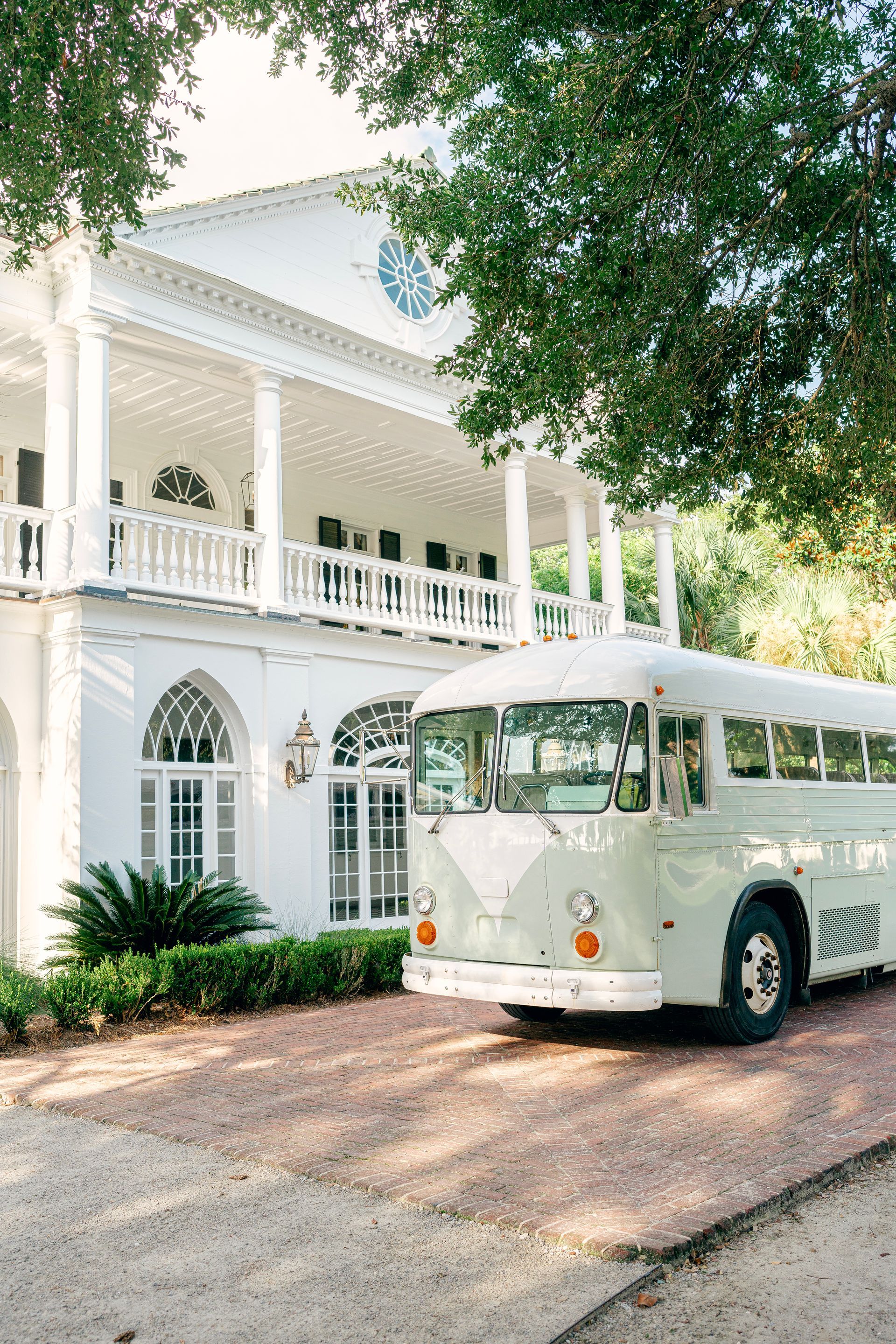 A green and white bus is parked on the side of the road.