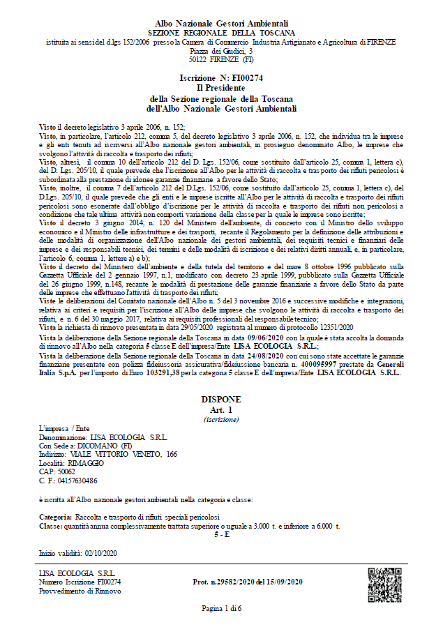 Un documento dell'Agenzia Nazionale per l'Ambiente. Contiene testo, indirizzi e un codice QR.
