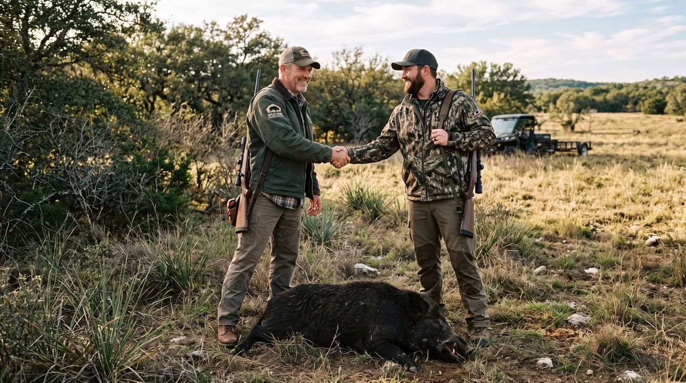 2 adult male hog hunters shaking hands with a dead hog laying on the ground in front of them