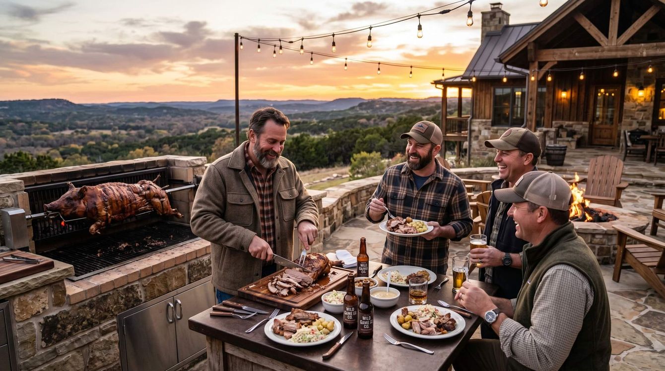 A group of male hunters enjoying their meal at a cook out at their lodging accommodations