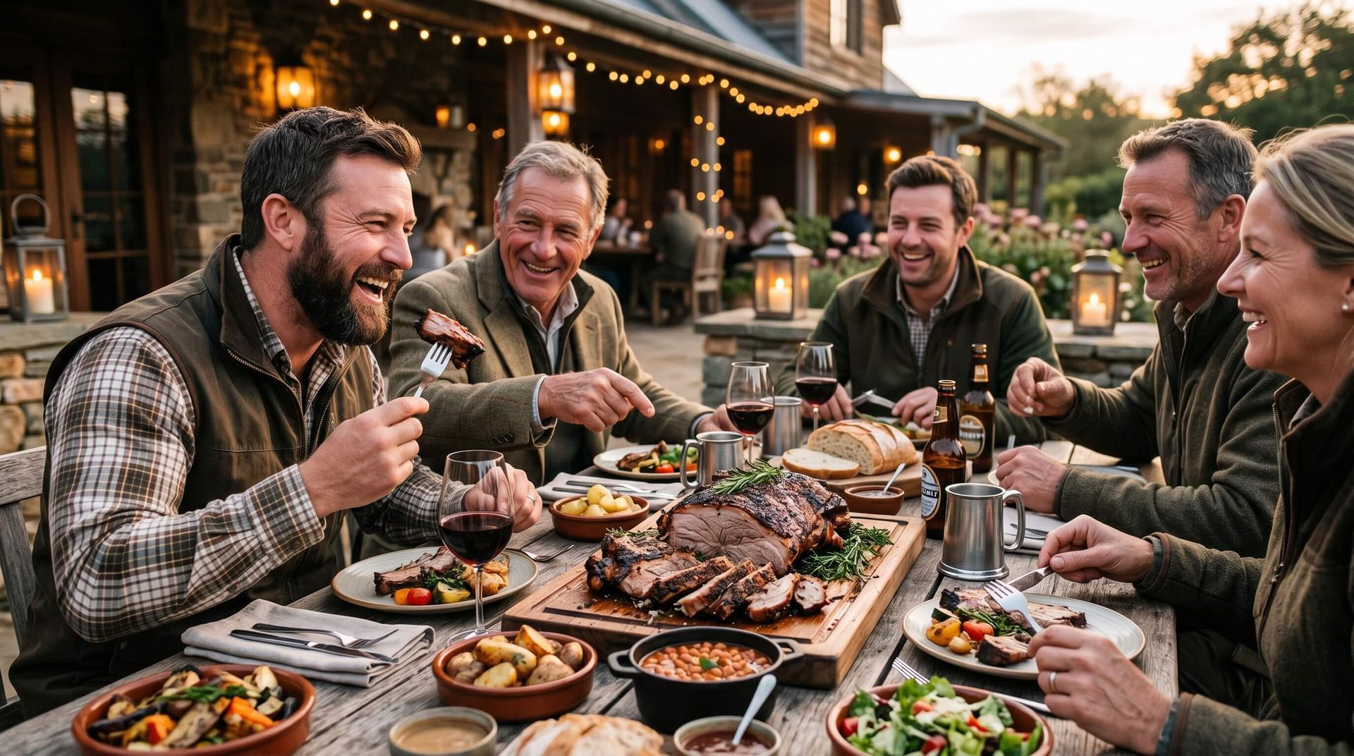 Group of hog hunters enjoying a meal at their lodge