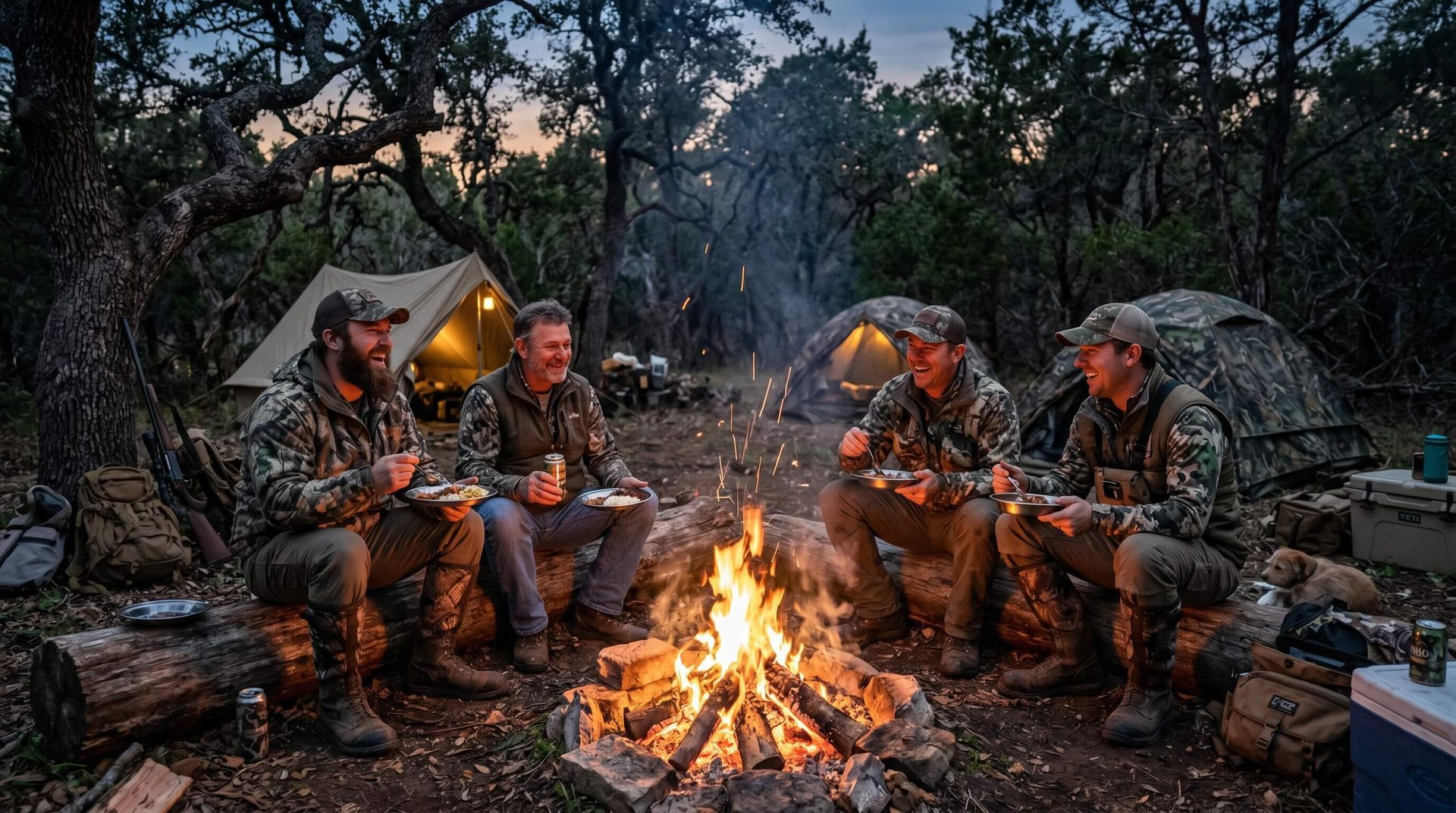 A group of male hog hunters enjoying their meal at a campfire with tents in the background