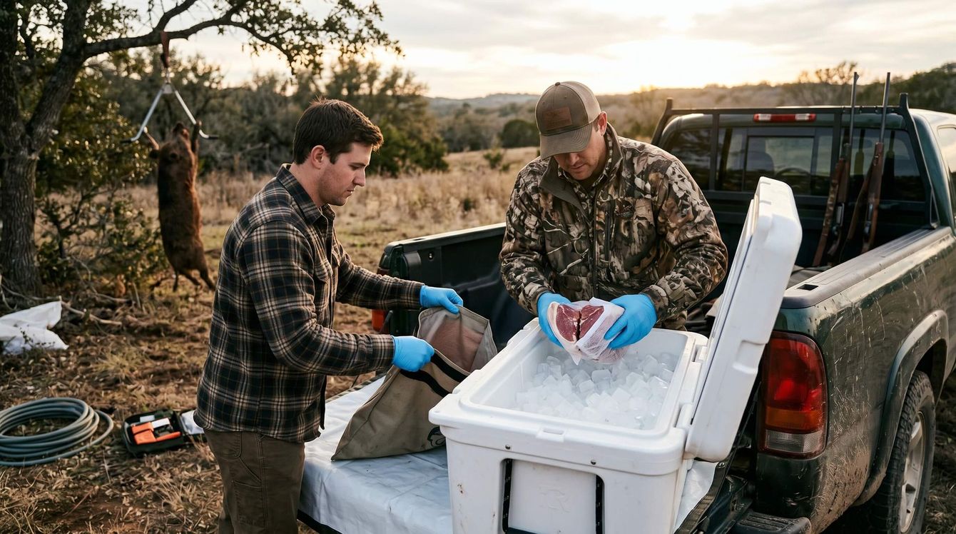 2 men packing the meat from the hog they killed into an ice cooler