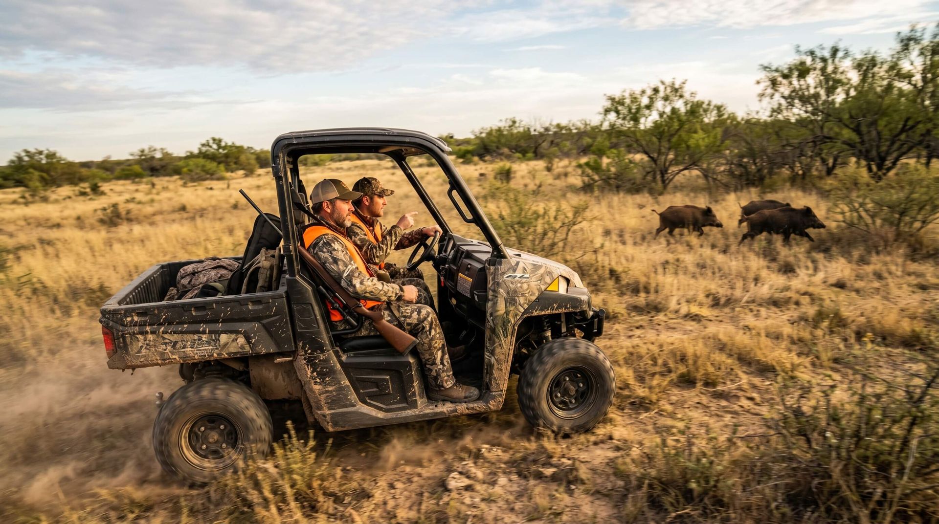 2 male hog hunters cruising in a UTV