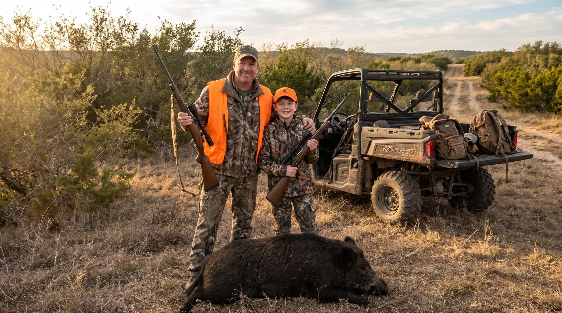 A father and son standing behind a dead hog