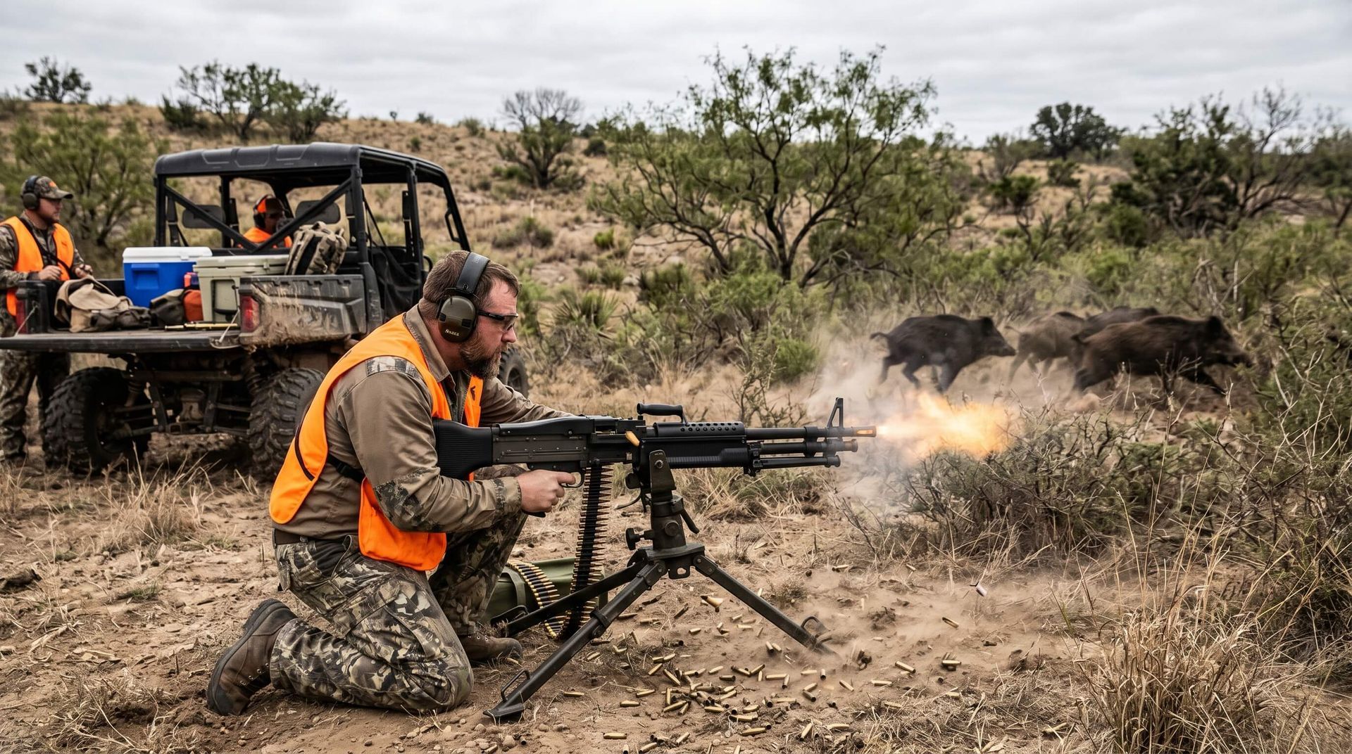 A male hog hunter shooting a machine gun at feral hogs
