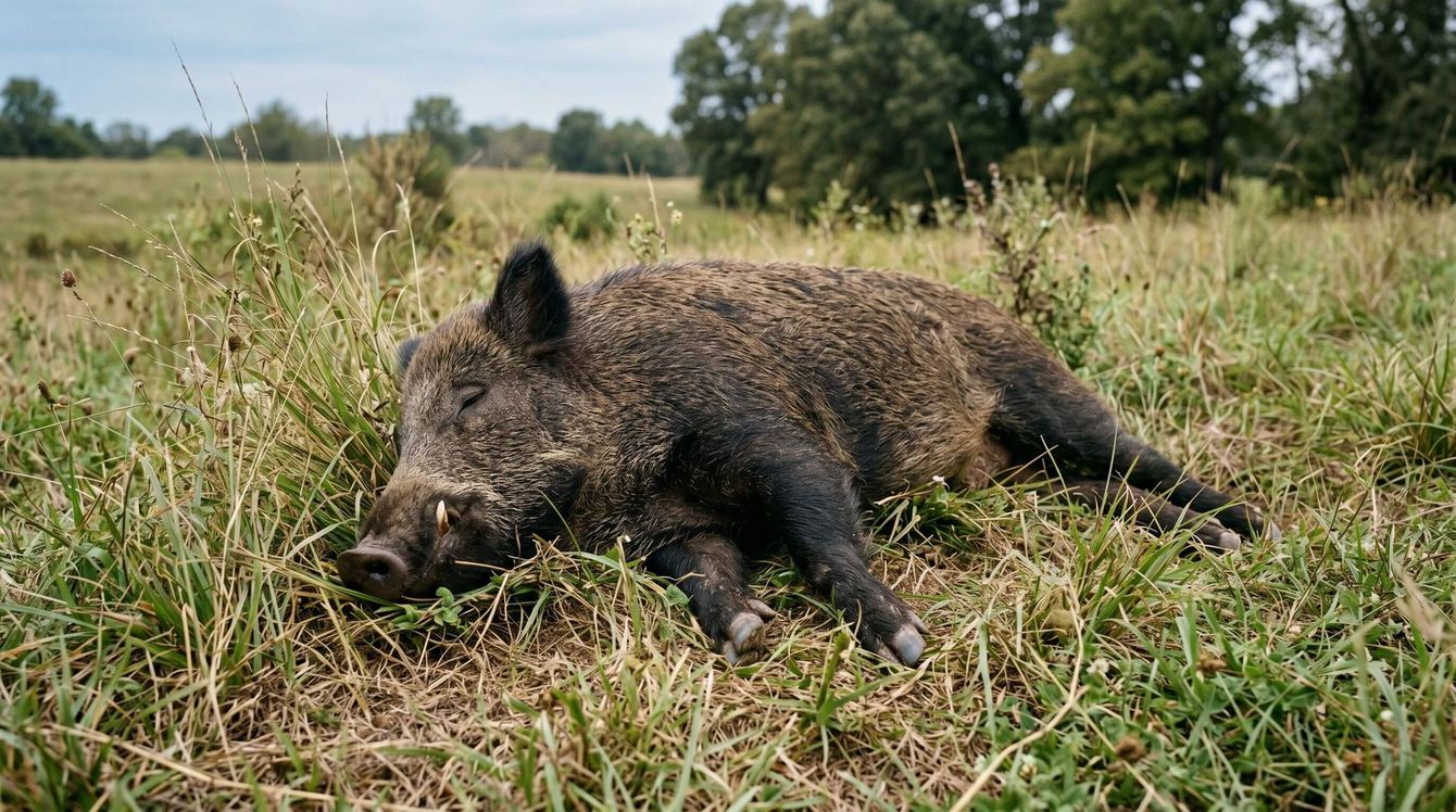 A dead hog laying on the ground