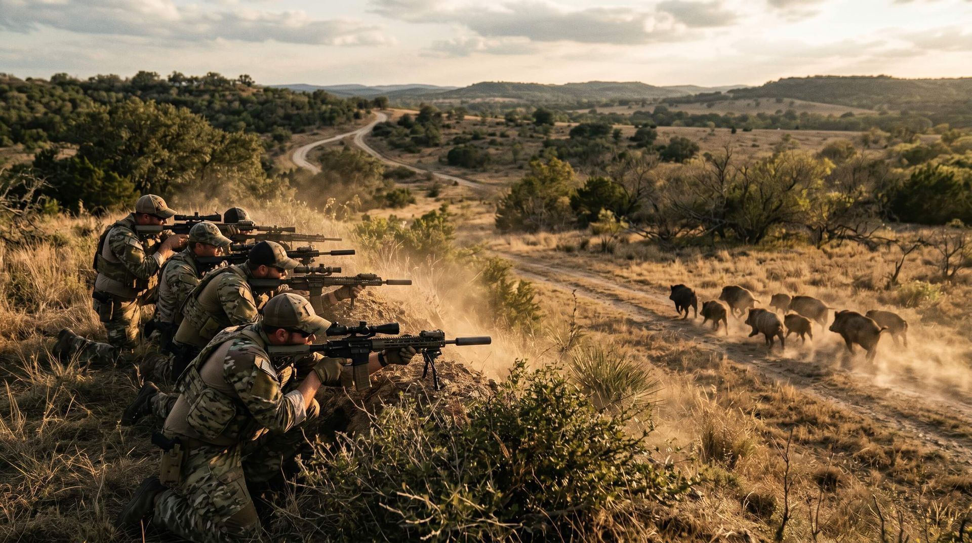 Group of male hog hunters aiming rifles at a sounder of feral hogs