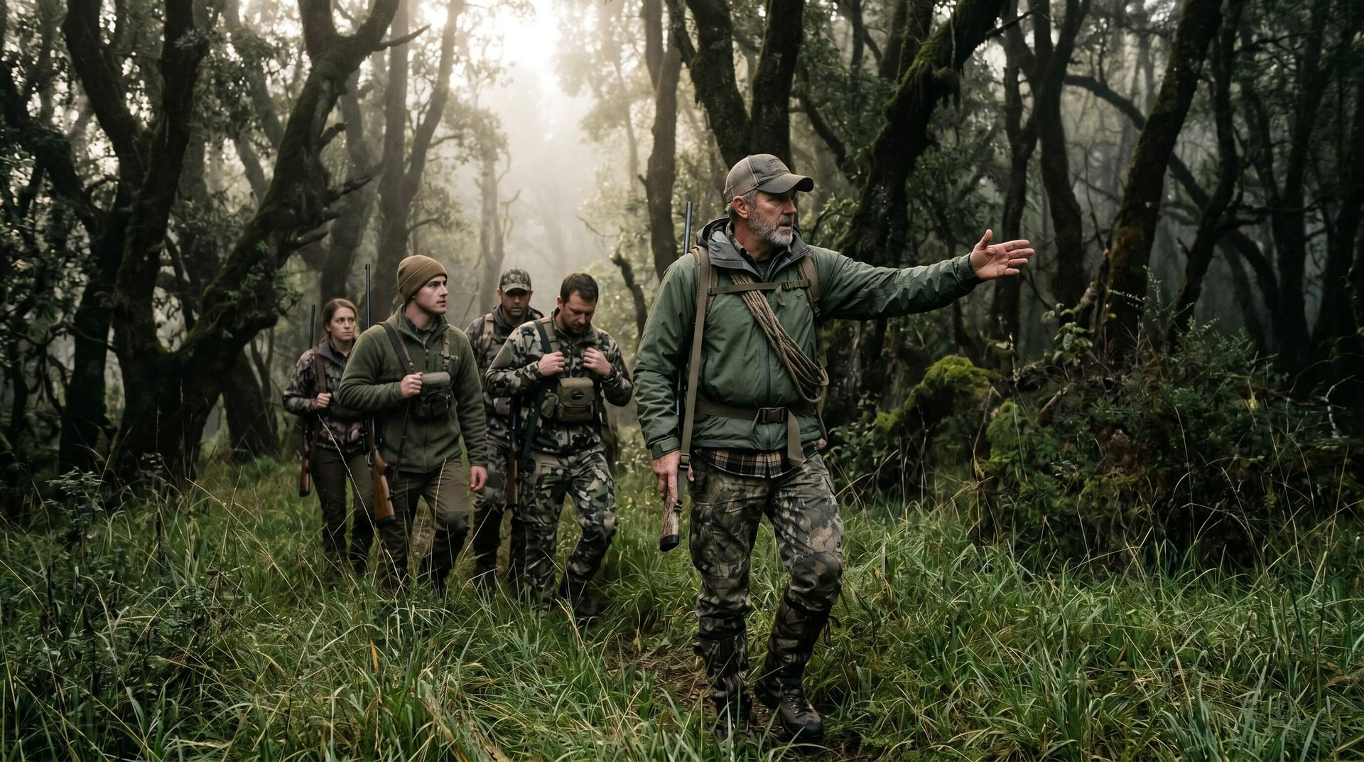 An expert hog hunting guide leading a pack of hog hunters in the woods