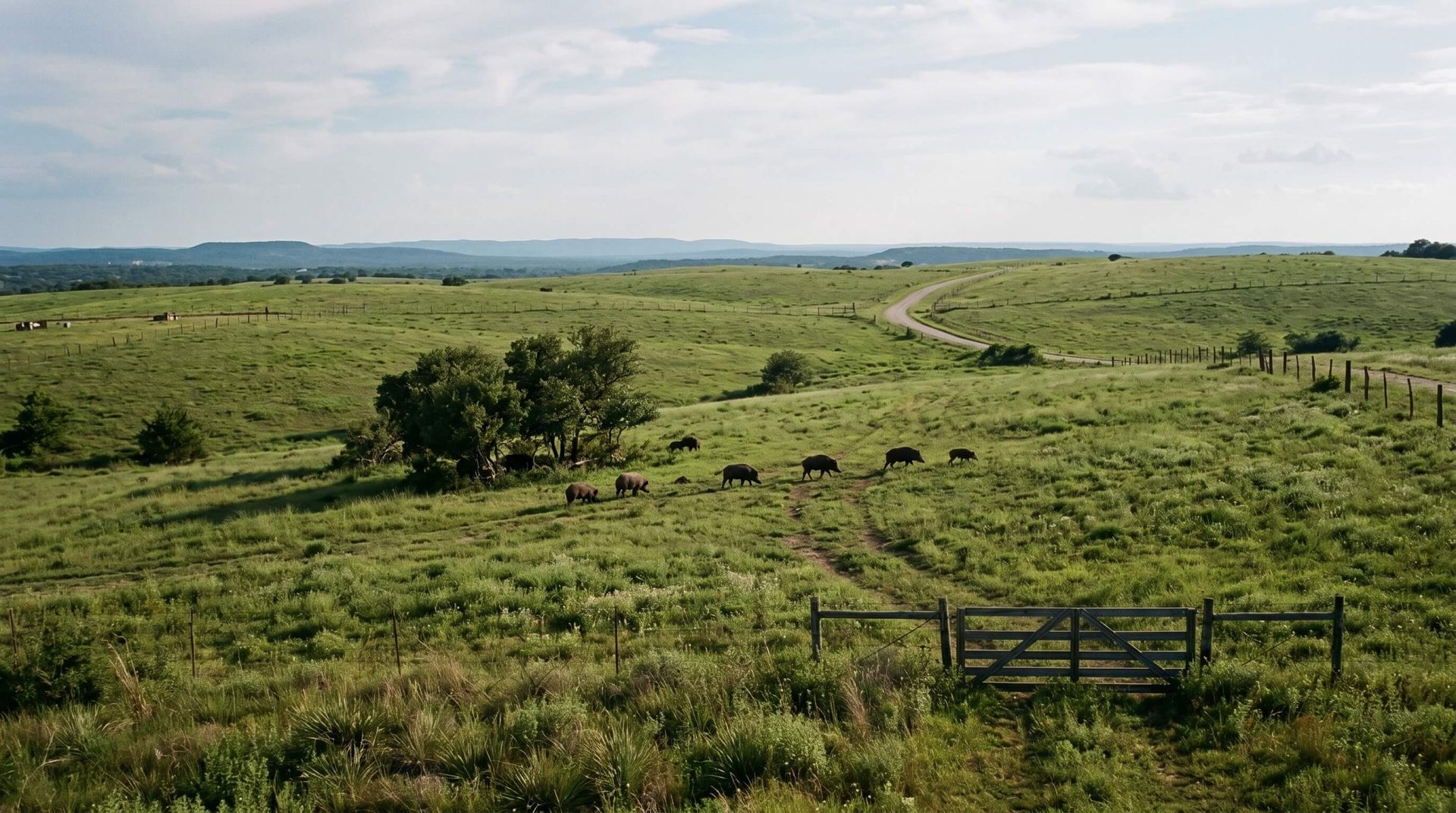 Private land with a pack of feral hogs roaming
