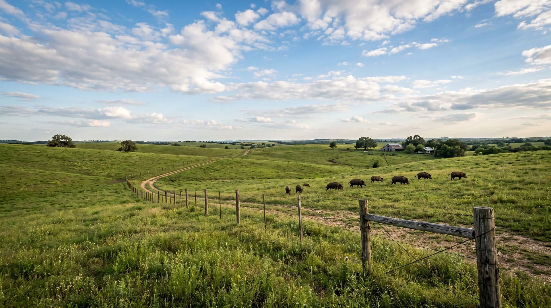Private land with feral hogs roaming and grazing in the not too far distance