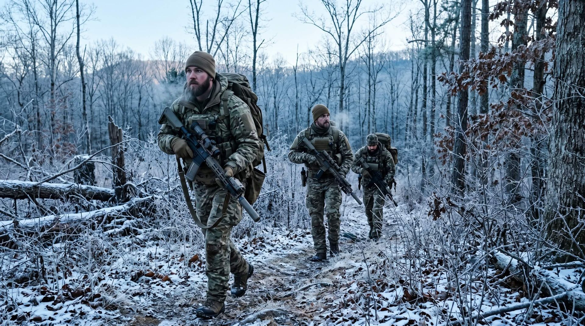 Group of hog hunters walking through the forest in the Winter time