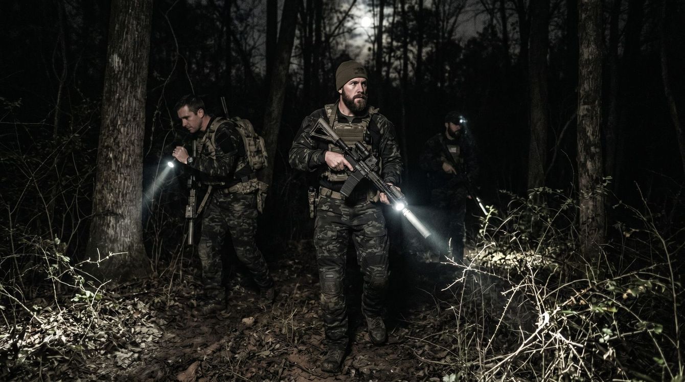 A few armed hog hunters hunting at night with rifles and flashlights
