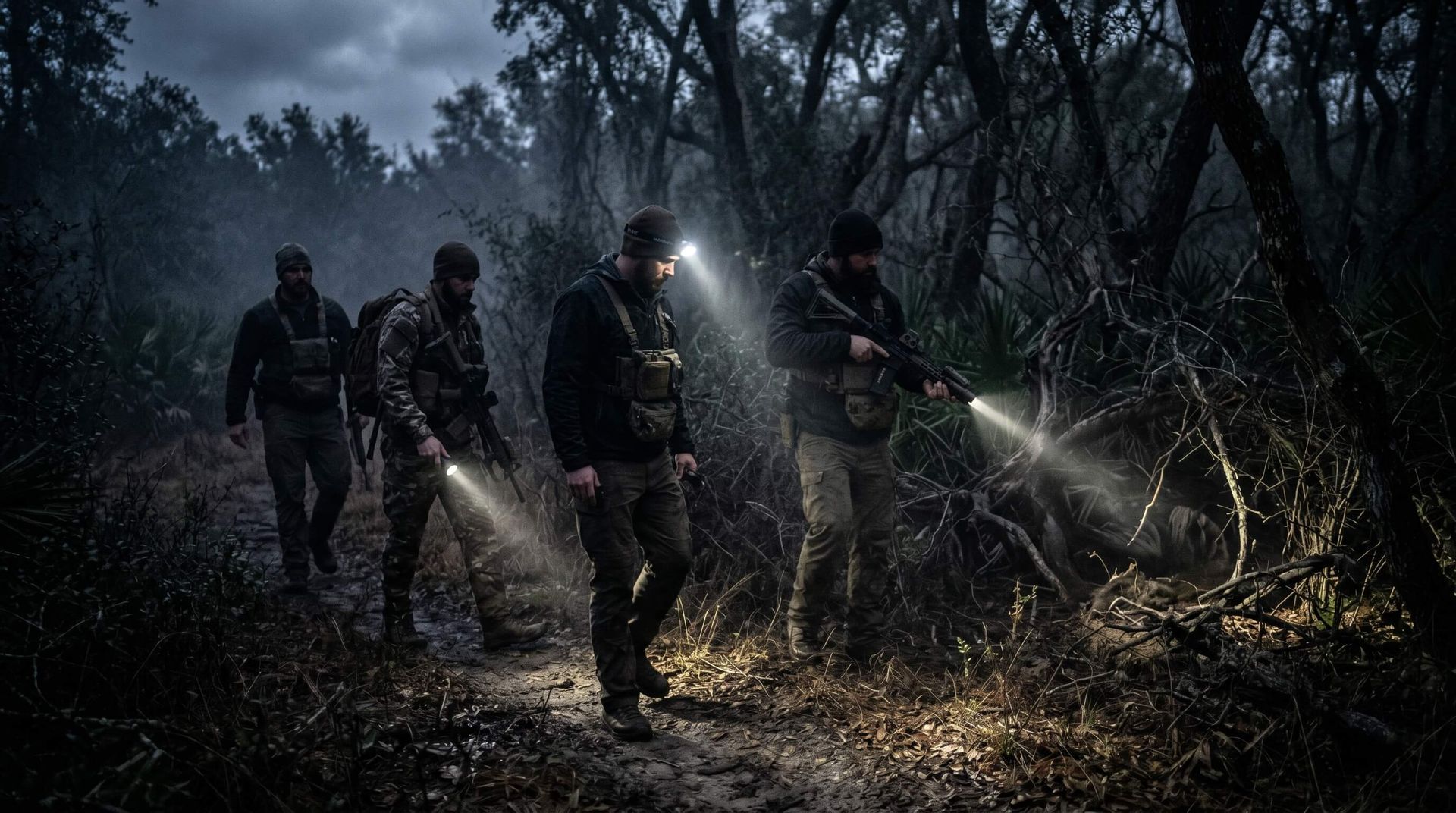 Group of hog hunters hunting at night