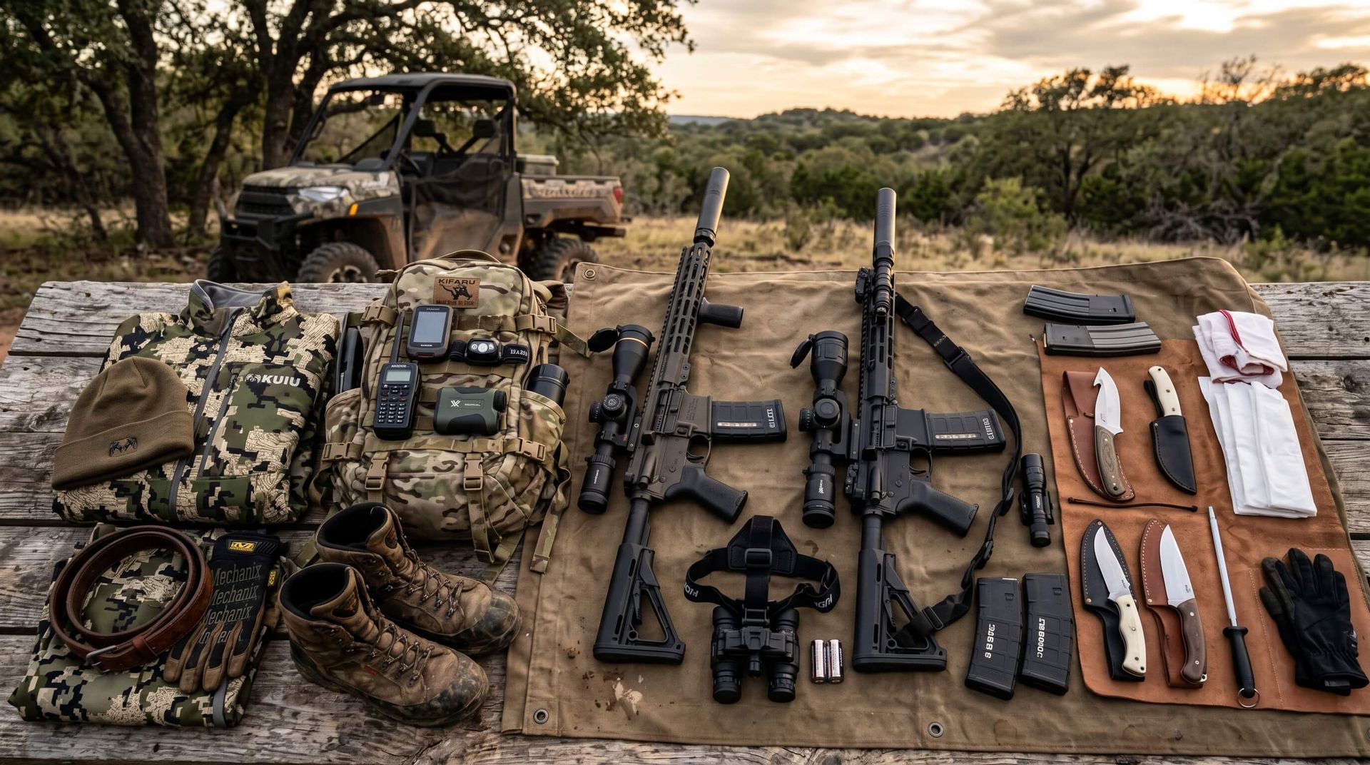 The various weapons and gear displayed on the ground