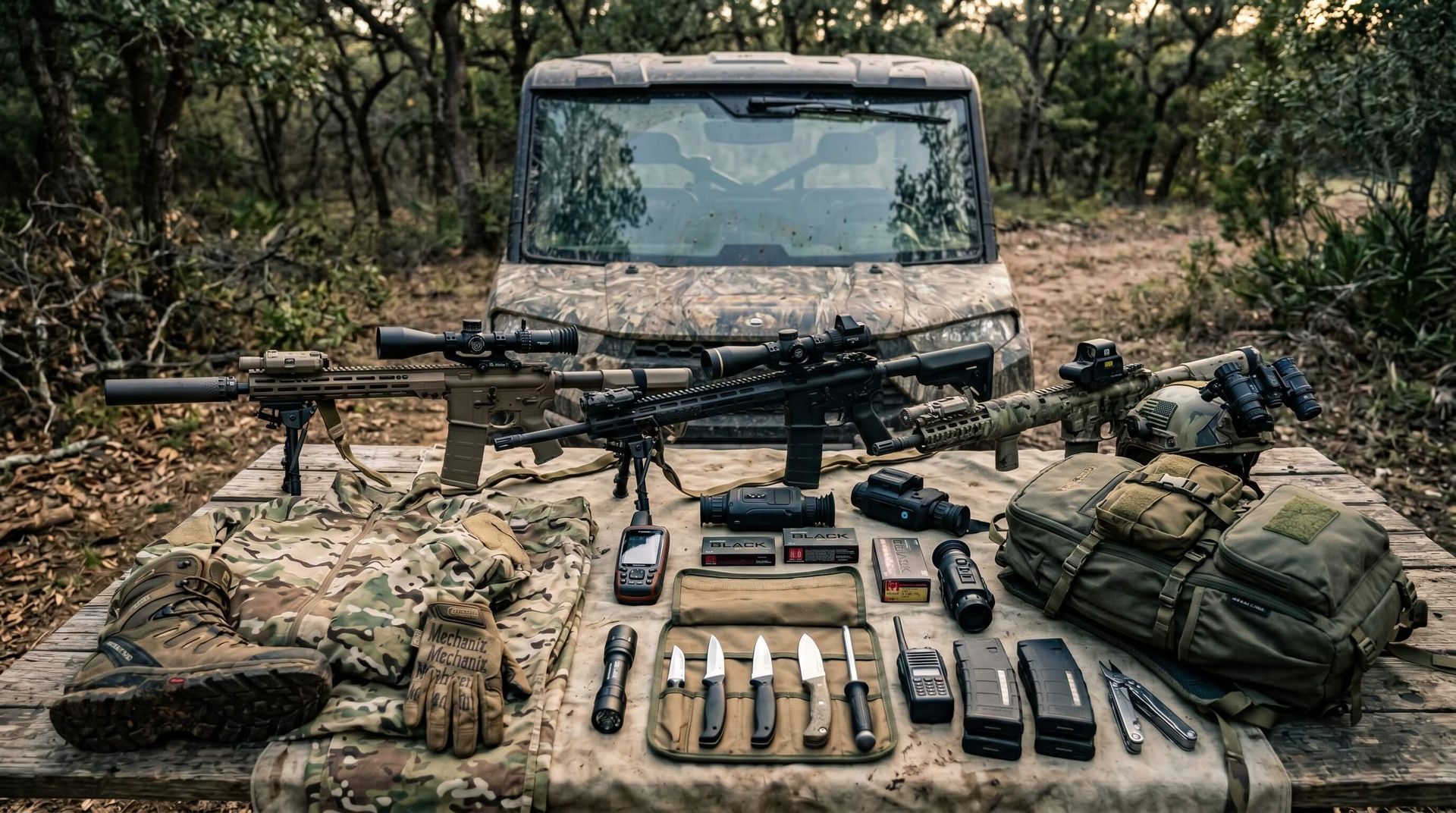 Several weapons and gear displayed on a table in front of a UTV