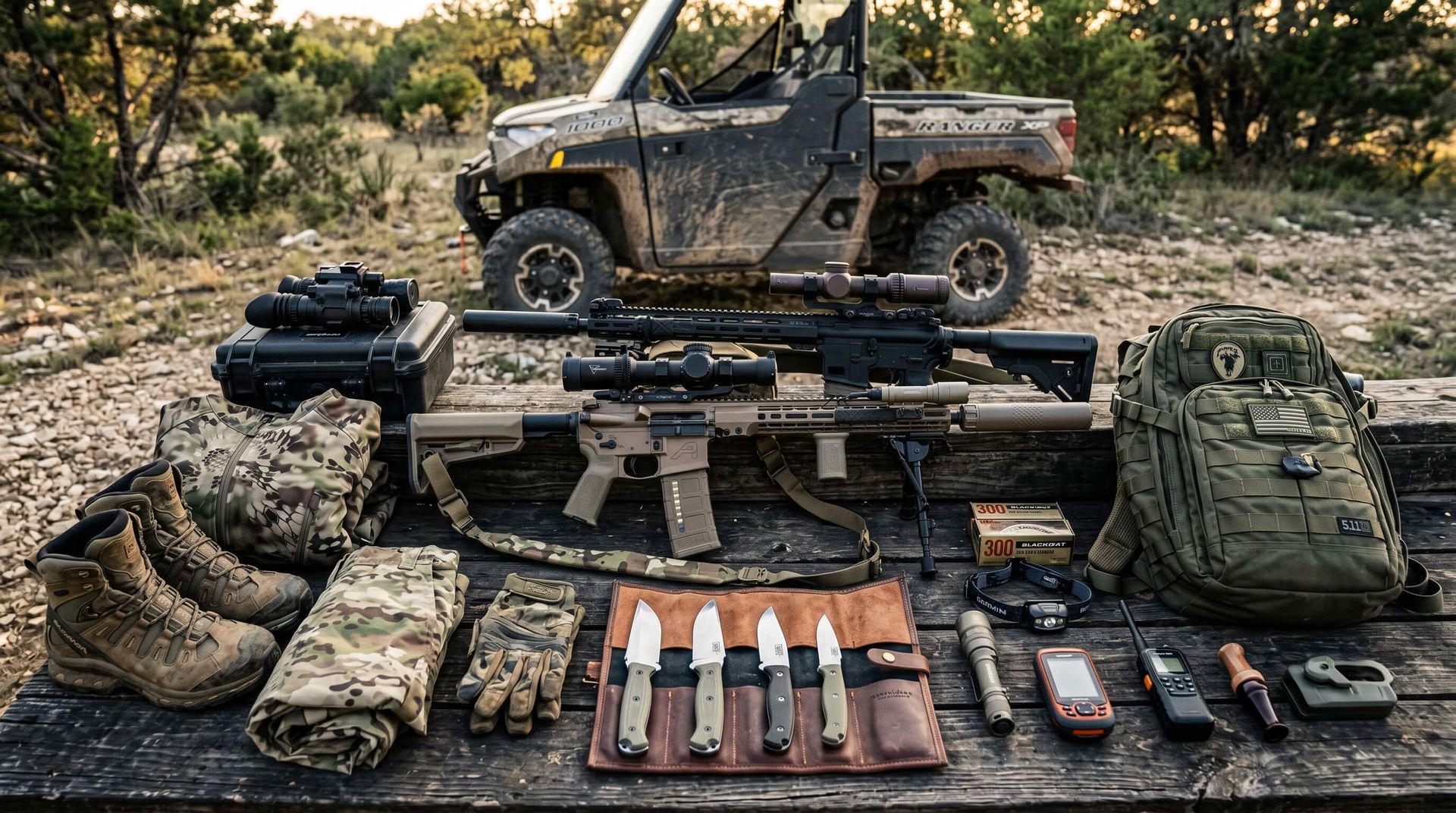 Weapons and Gear laid out on a table with a UTV behind them