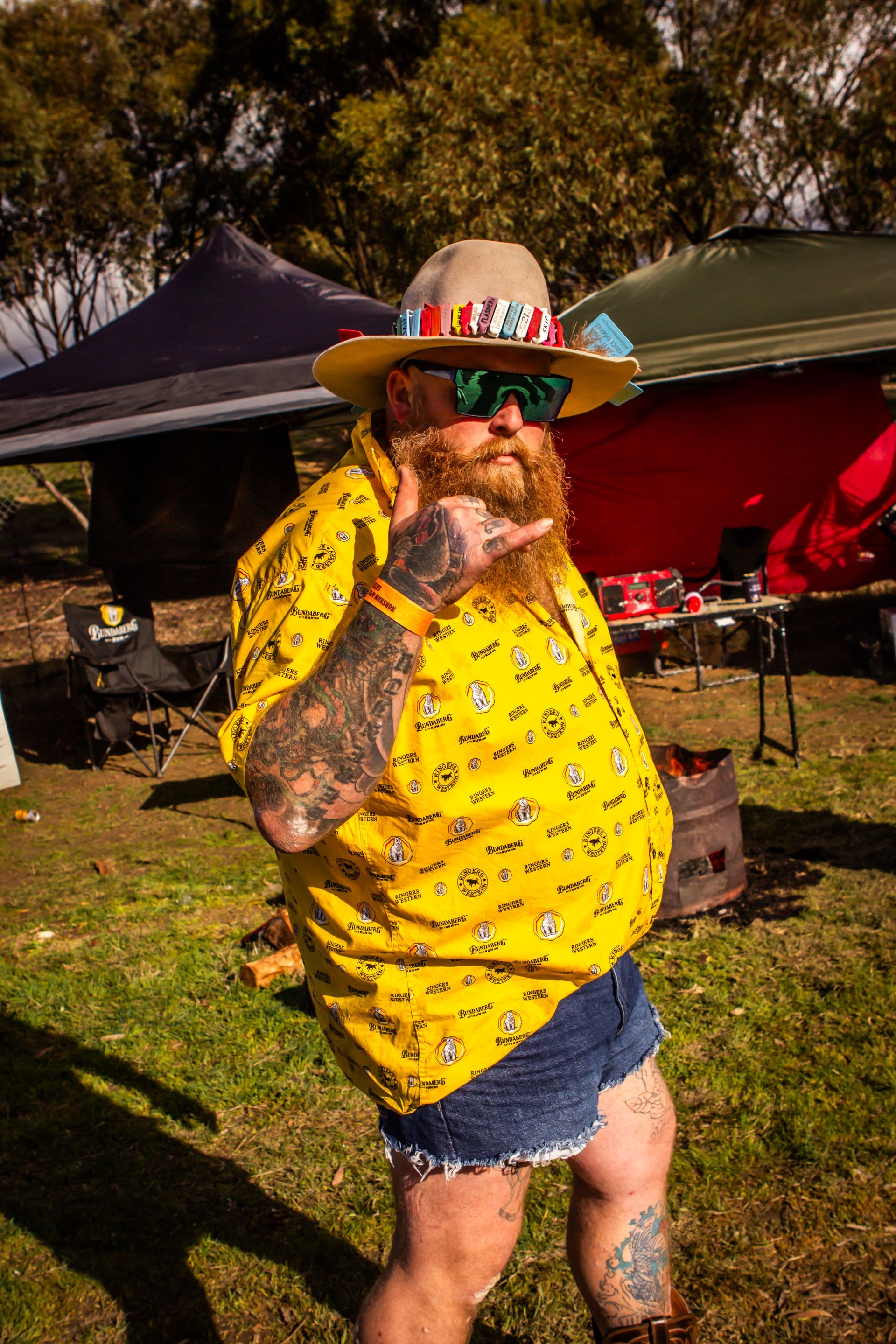 A man with a beard wearing a yellow shirt and a cowboy hat