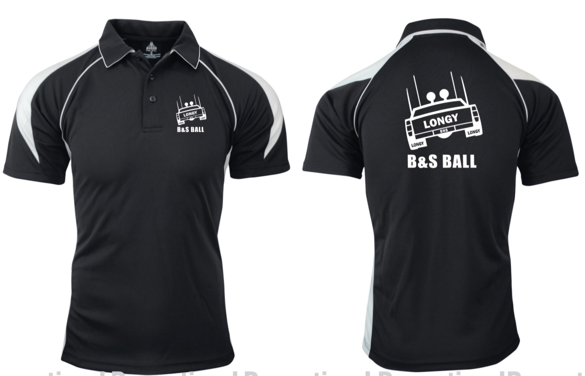 A black polo top with collar and a logo on the front and back