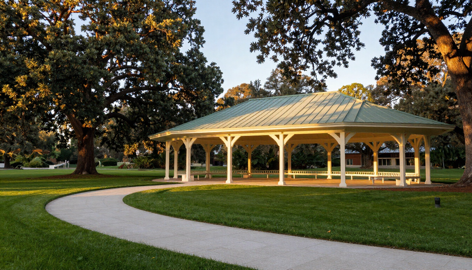 Western Gateway Park pavilion surrounded by oak trees in golden-hour light