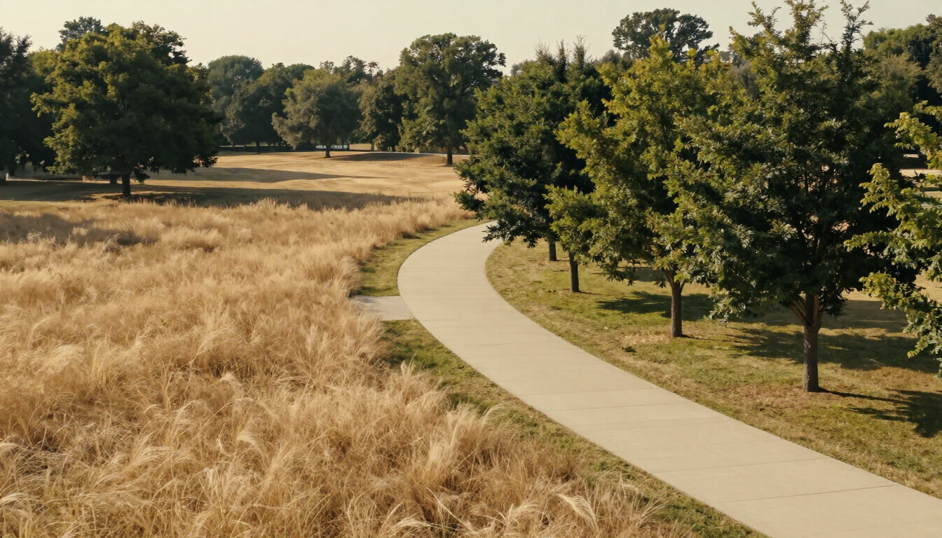 Aerial view of Western Gateway Park with paved pathway and mature trees