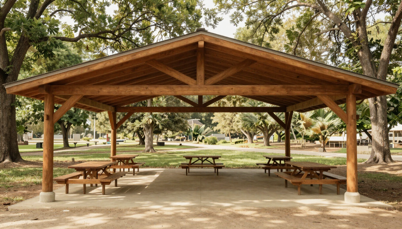 Open-air pavilion at Western Gateway Park with picnic tables and mature trees