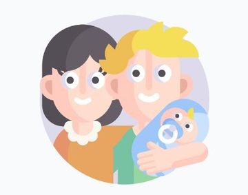 Dos adultos sonrientes sosteniendo a un bebé con chupete en una ilustración circular.