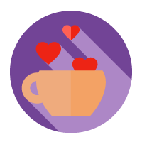 Taza de café con tres corazones rojos que emergen de ella sobre un fondo circular morado.