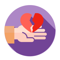 Icono de una mano sosteniendo un corazón rojo roto dentro de un círculo morado
