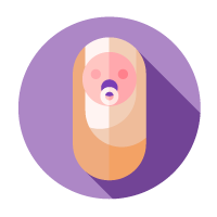 Cara de bebé de dibujos animados estilizada con pañal, centrada sobre un fondo circular morado.