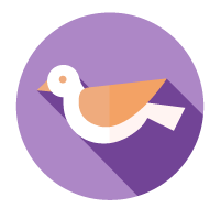 Logotipo de pájaro blanco con ala naranja sobre fondo circular morado