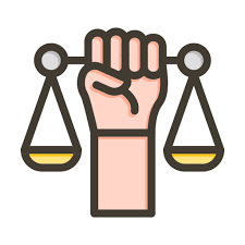 Puño en alto sosteniendo el ícono de la balanza de la justicia en rosa, negro y amarillo.