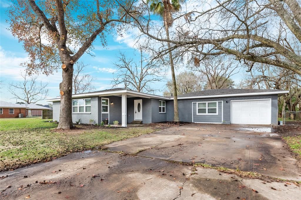 A house with a garage and a tree in front of it.