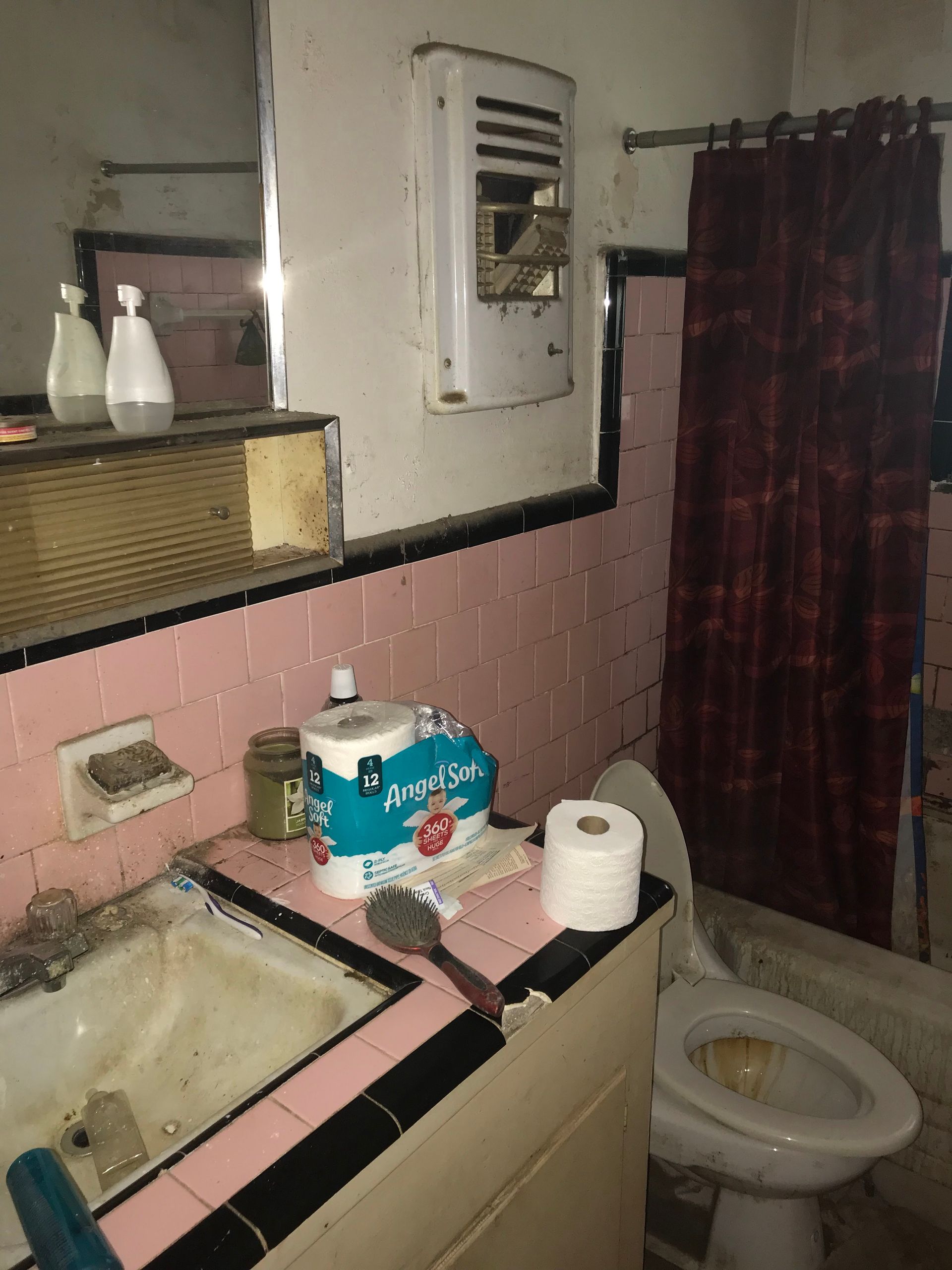 A bathroom with pink tiles and a roll of aquafina toilet paper