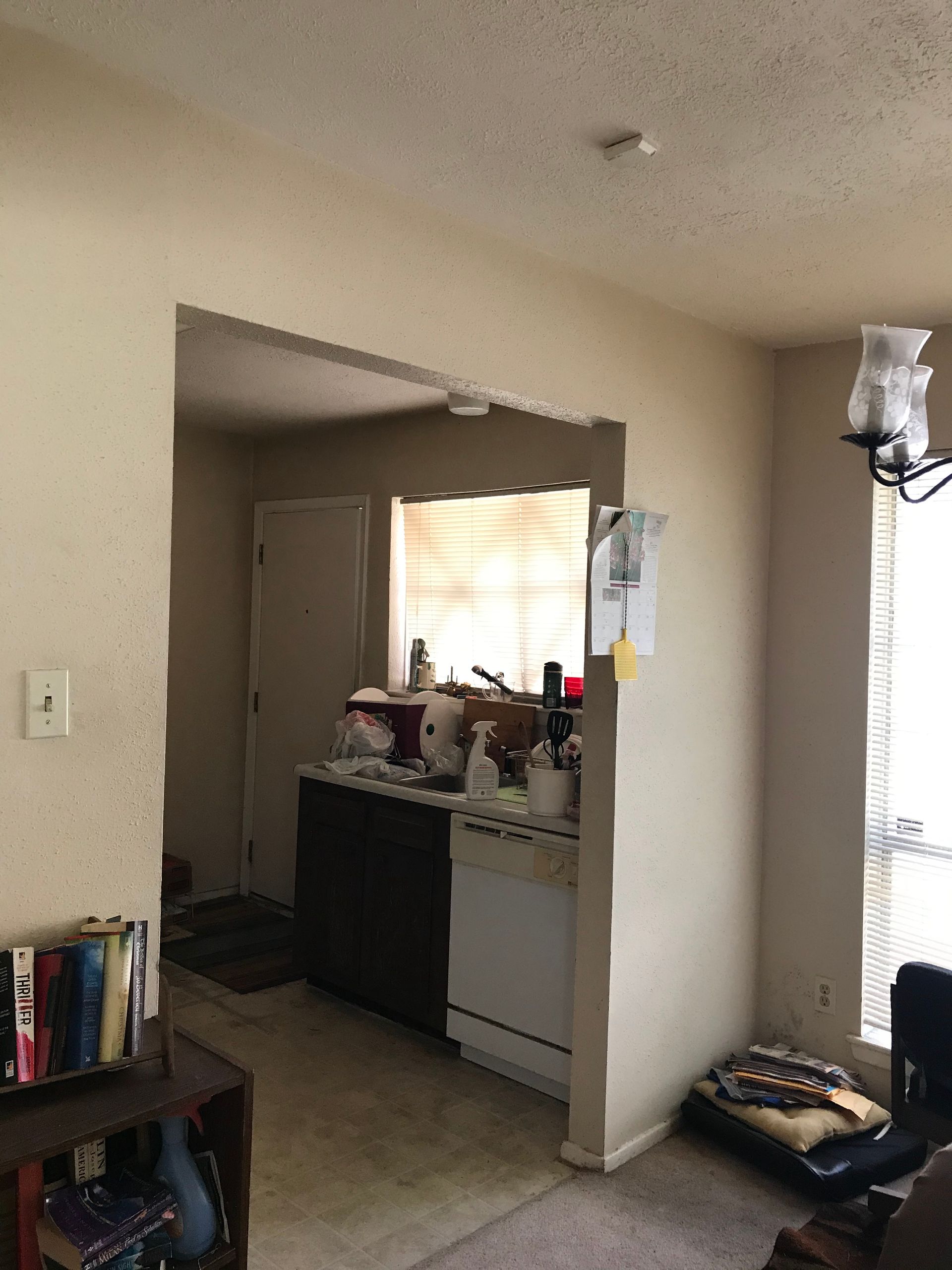 A living room with a kitchen and a window.