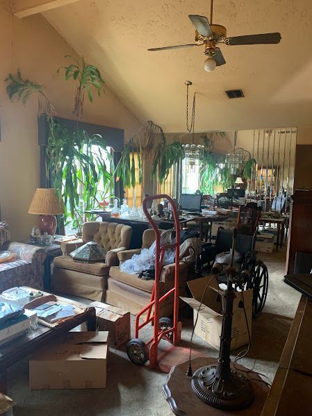 A living room filled with furniture and boxes and a ceiling fan.