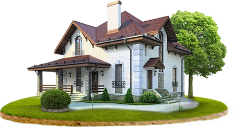 A white house with a brown roof and a tree in front of it.