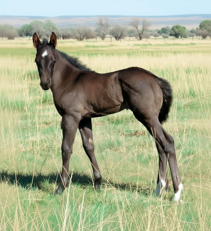 Dark brown foal standing in a grassy field with distant trees under a pale sky