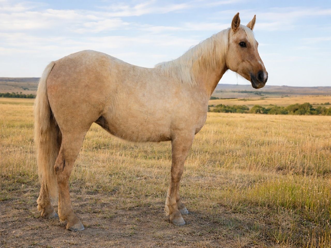 Light tan horse standing in a dry grassy field at sunset.