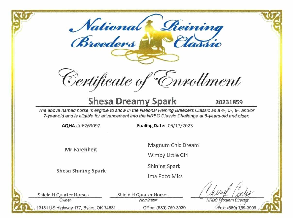 Certificate of Enrollment for “Shesa Dream Spark” from the National Reining Breeders Classic