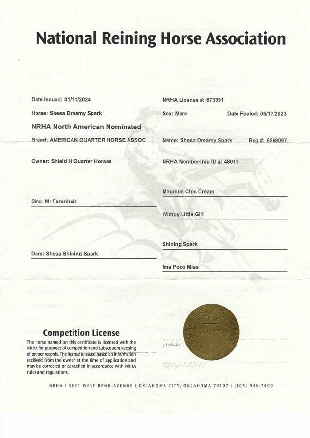 National Reining Horse Association competition license form with gold seal on a pale background
